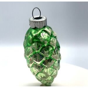 West Germany Pine Cone Ornament Green Mercury Glass Mica‎ Snow Vintage 3"